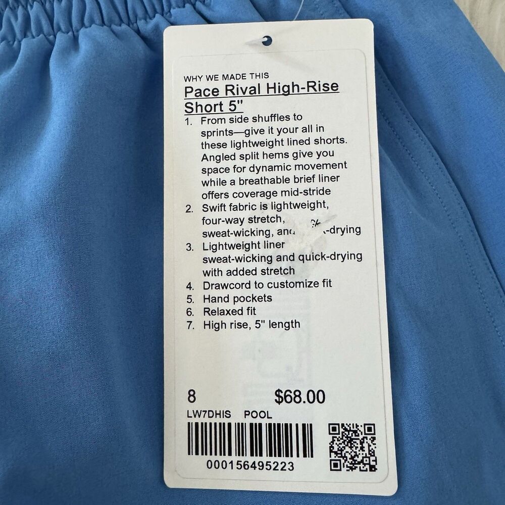 Lululemon Women’s Pace Rival High Rise Shorts Sz 8 Pool Party Blue Lined 5” NWT - Picture 4 of 11